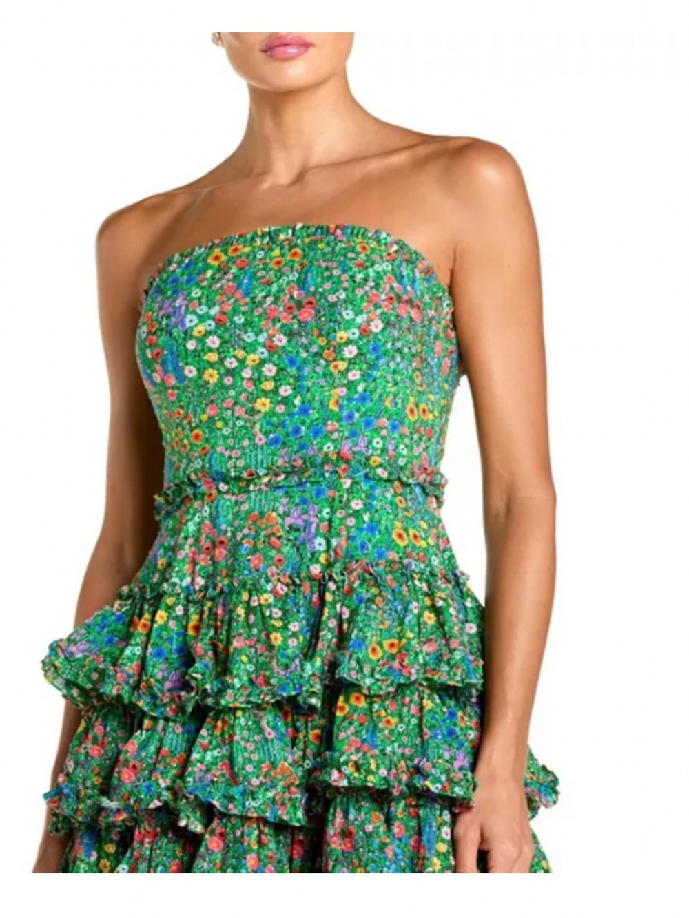 Mac Duggal Floral Strapless Tiered Ruffle Midi Dress